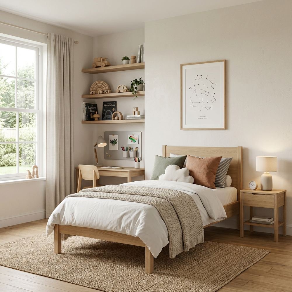 Neutral kids bedroom with single bed neutral single bed by Grains Home Pakistan