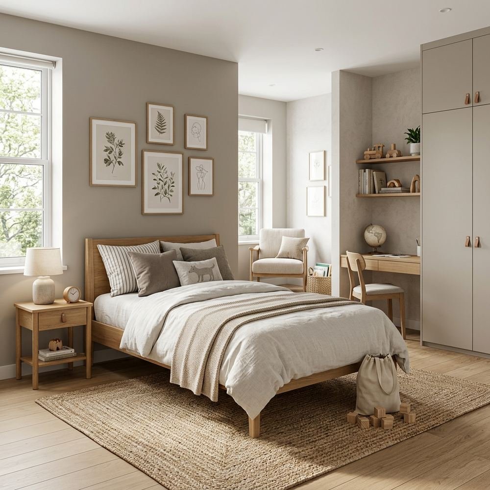 Neutral kids bedroom with single bed neutral single bed by Grains Home Pakistan