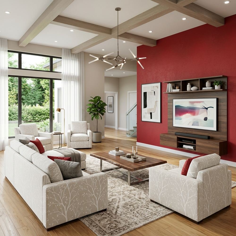 Modern living room with white tree print seating and red by Grains Home Pakistan
