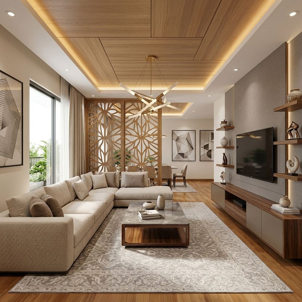 Modern living room with wooden false ceiling and cnc by Grains Home Pakistan