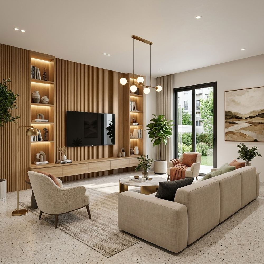 Contemporary living room with wooden fluted panel by Grains Home Pakistan