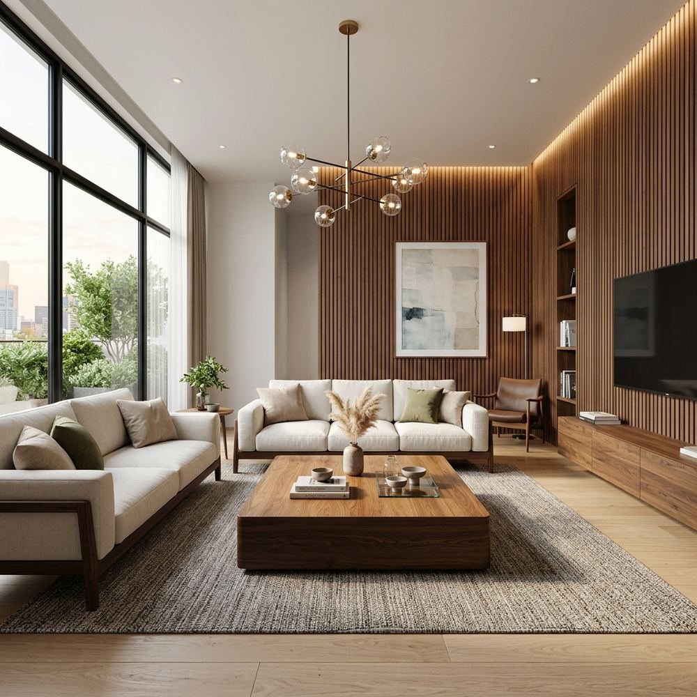 Modern living room with wooden furniture and accent wall by Grains Home Pakistan