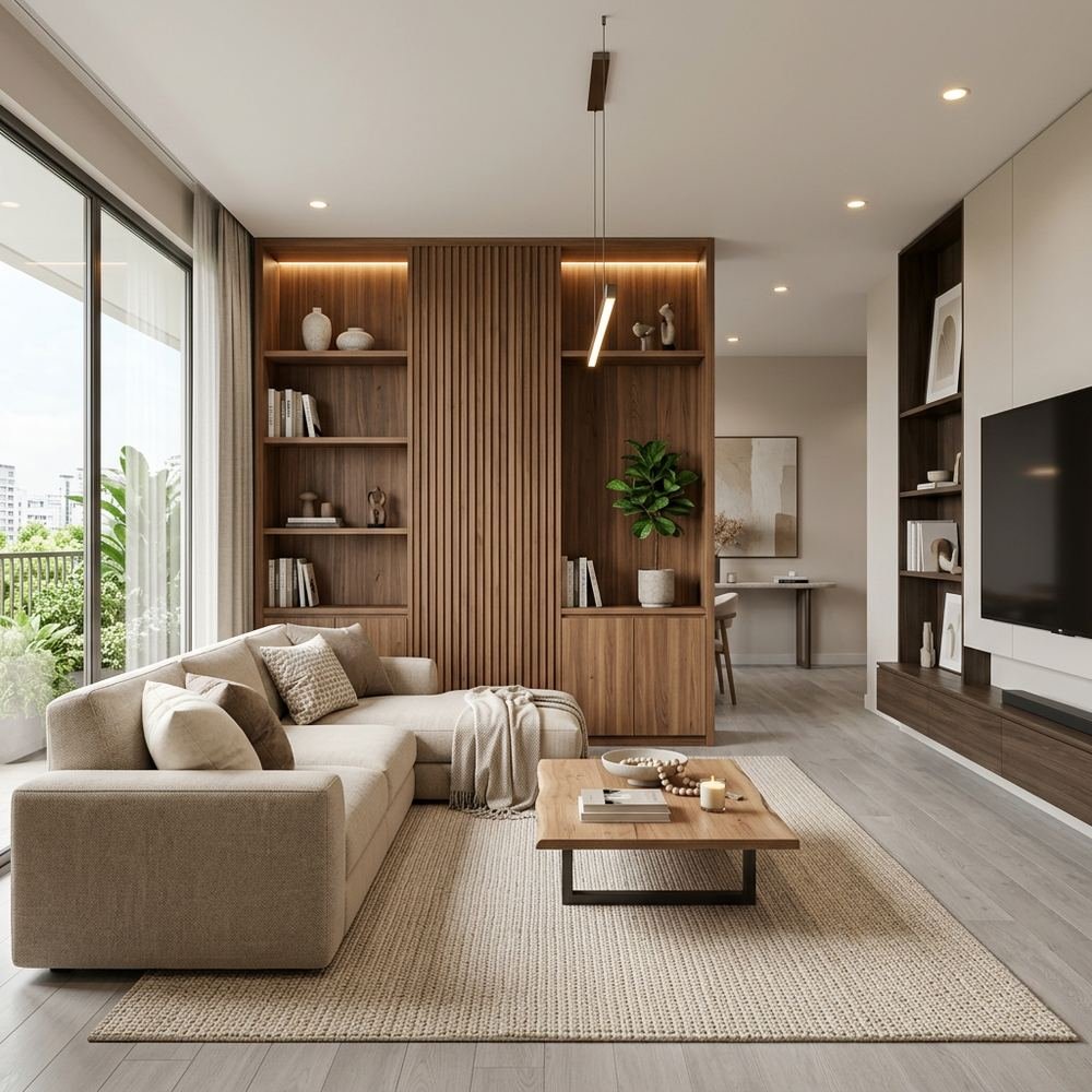Modern living room with wooden partition and storage by Grains Home Pakistan