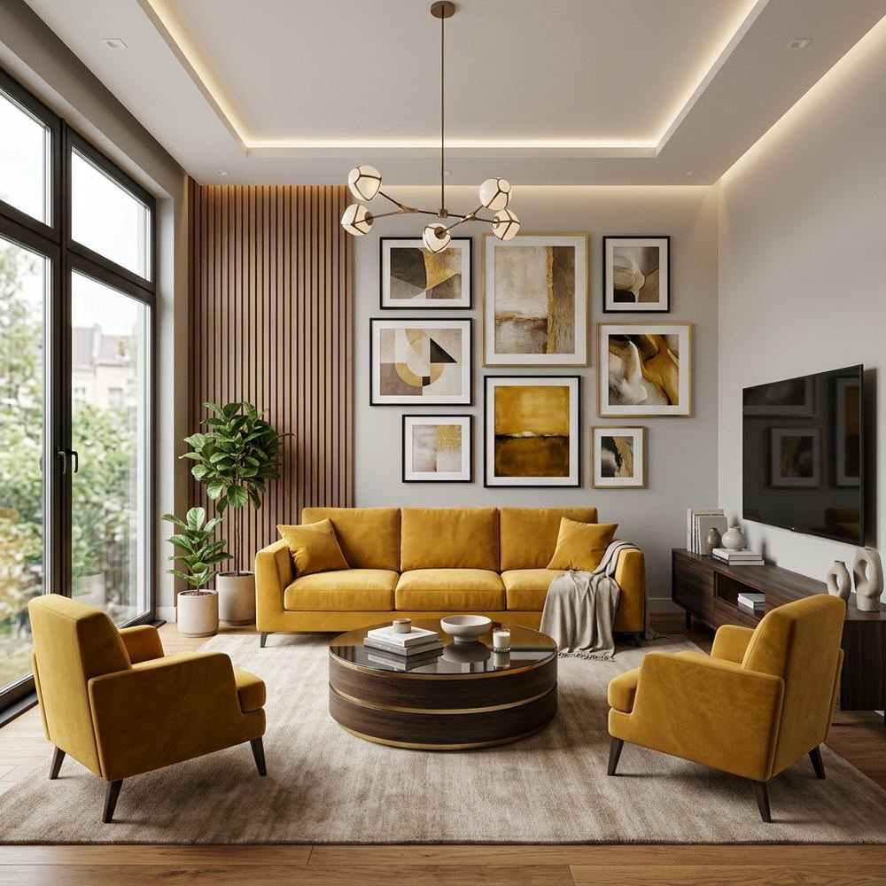 Modern living room with wall art and yellow seating by Grains Home Pakistan
