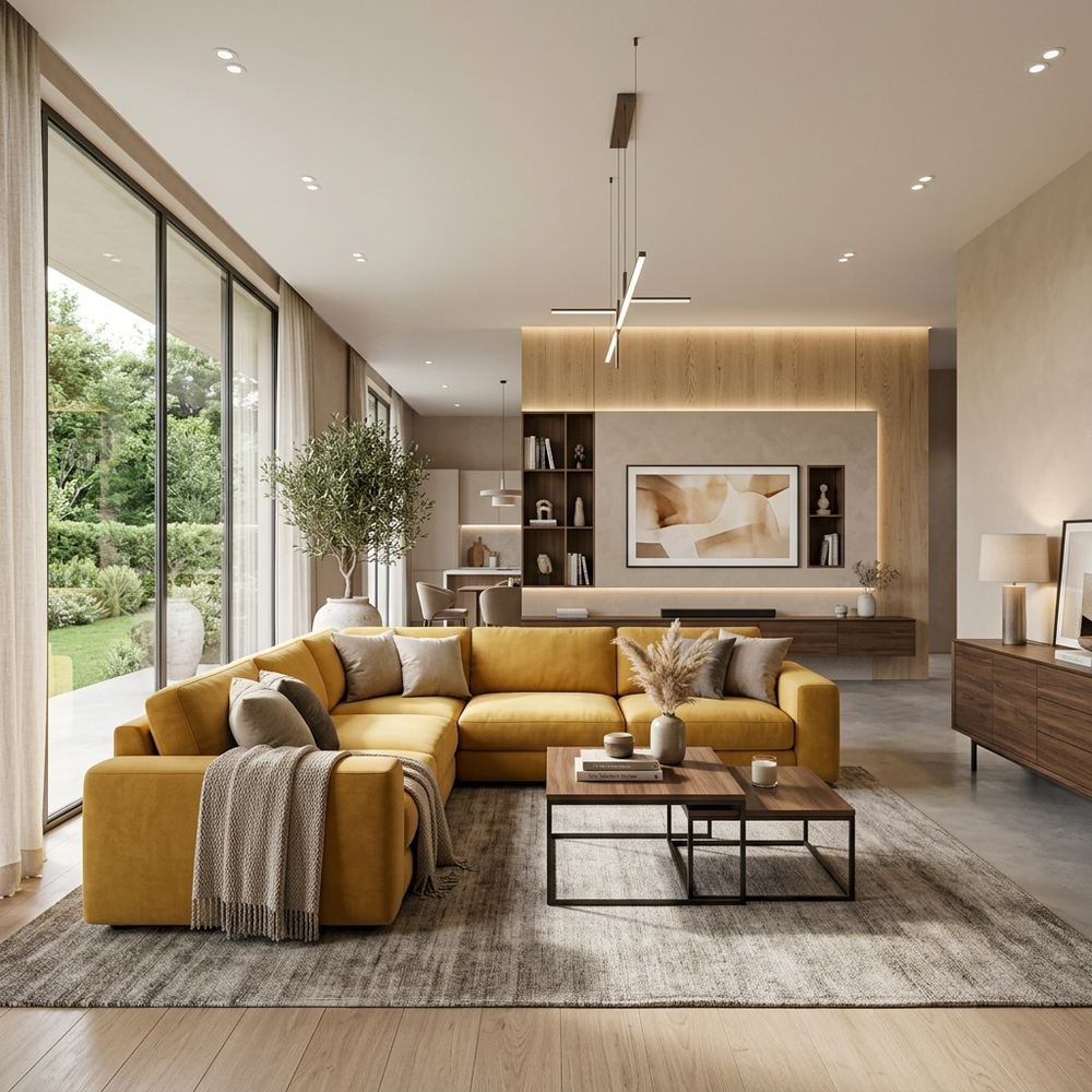 Modern living room with yellow l shaped sofa modern l by Grains Home Pakistan