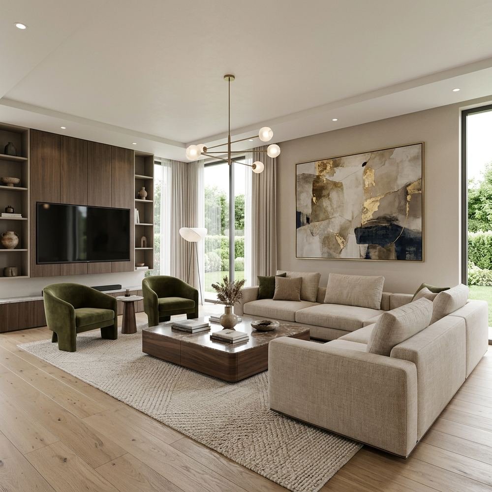 Modern living room with wall art modern defined living by Grains Home Pakistan