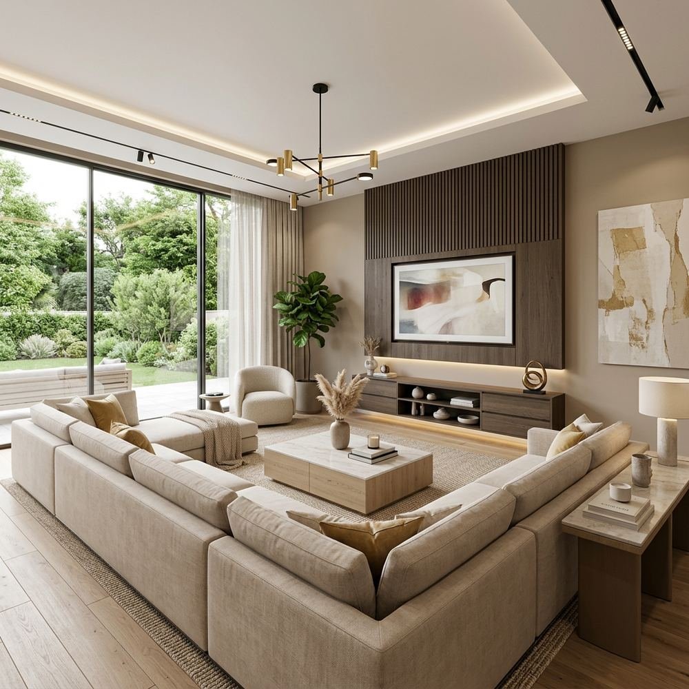 Modern living room with tv unit and u shaped sofa modern by Grains Home Pakistan