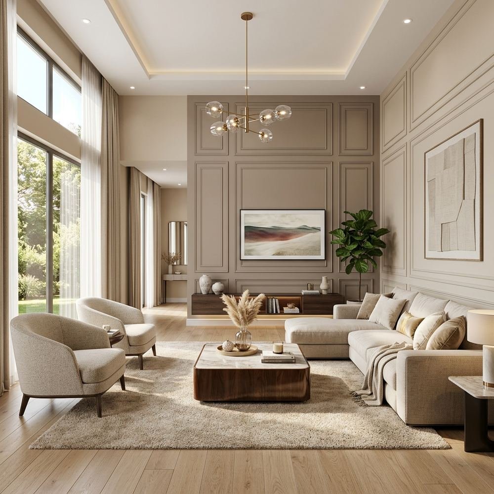 Modern living room with accent wall trims modern defined by Grains Home Pakistan