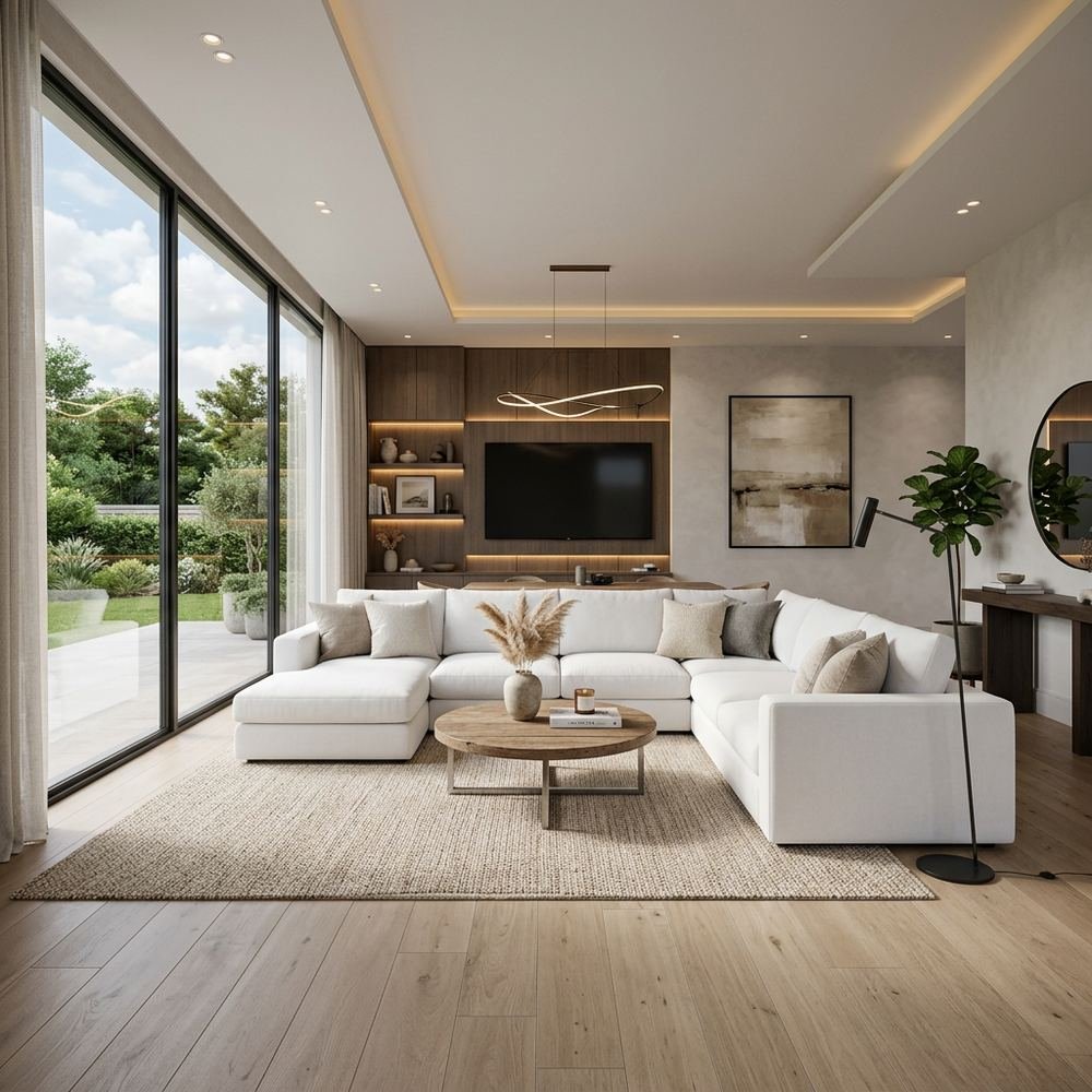 Modern living room with white l shaped sofa modern by Grains Home Pakistan