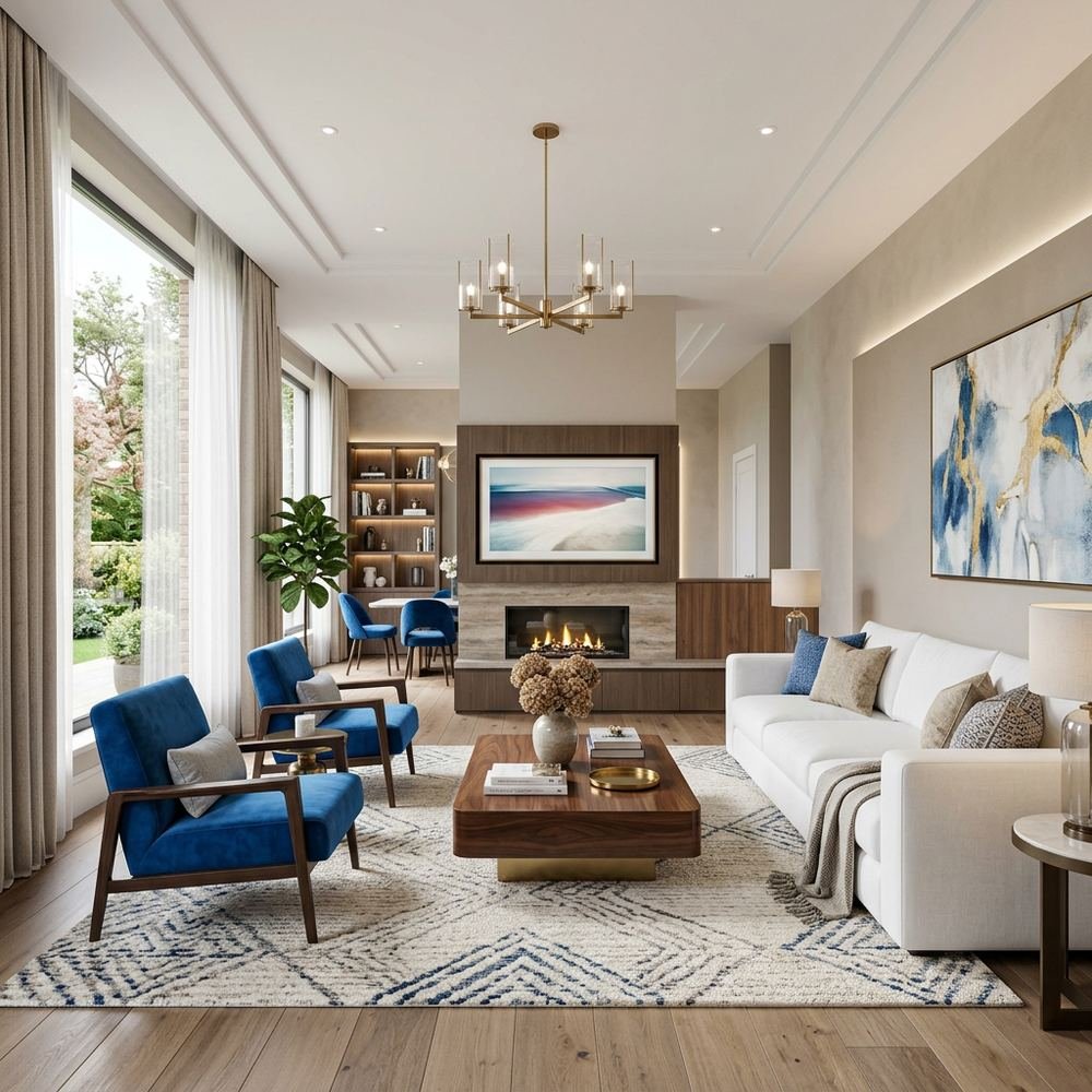 Modern living room with white sofa and blue accent chairs by Grains Home Pakistan