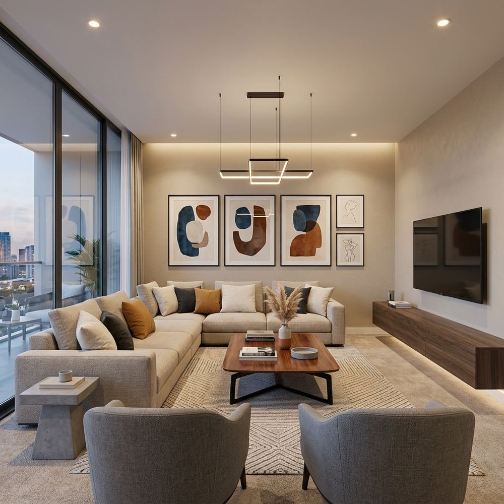 Modern living room with wall art modern defined living by Grains Home Pakistan