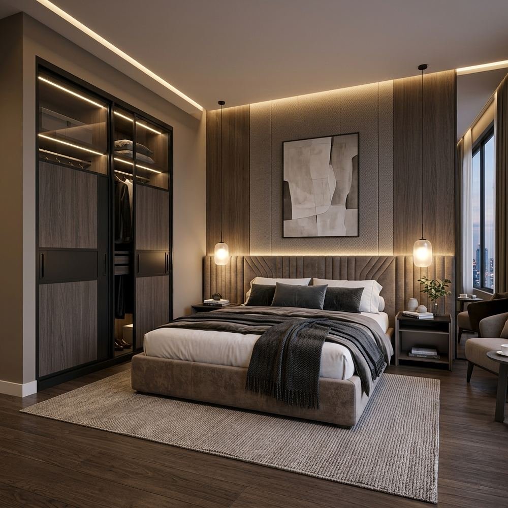 Modern upholstered bed master bedroom with sliding by Grains Home Pakistan