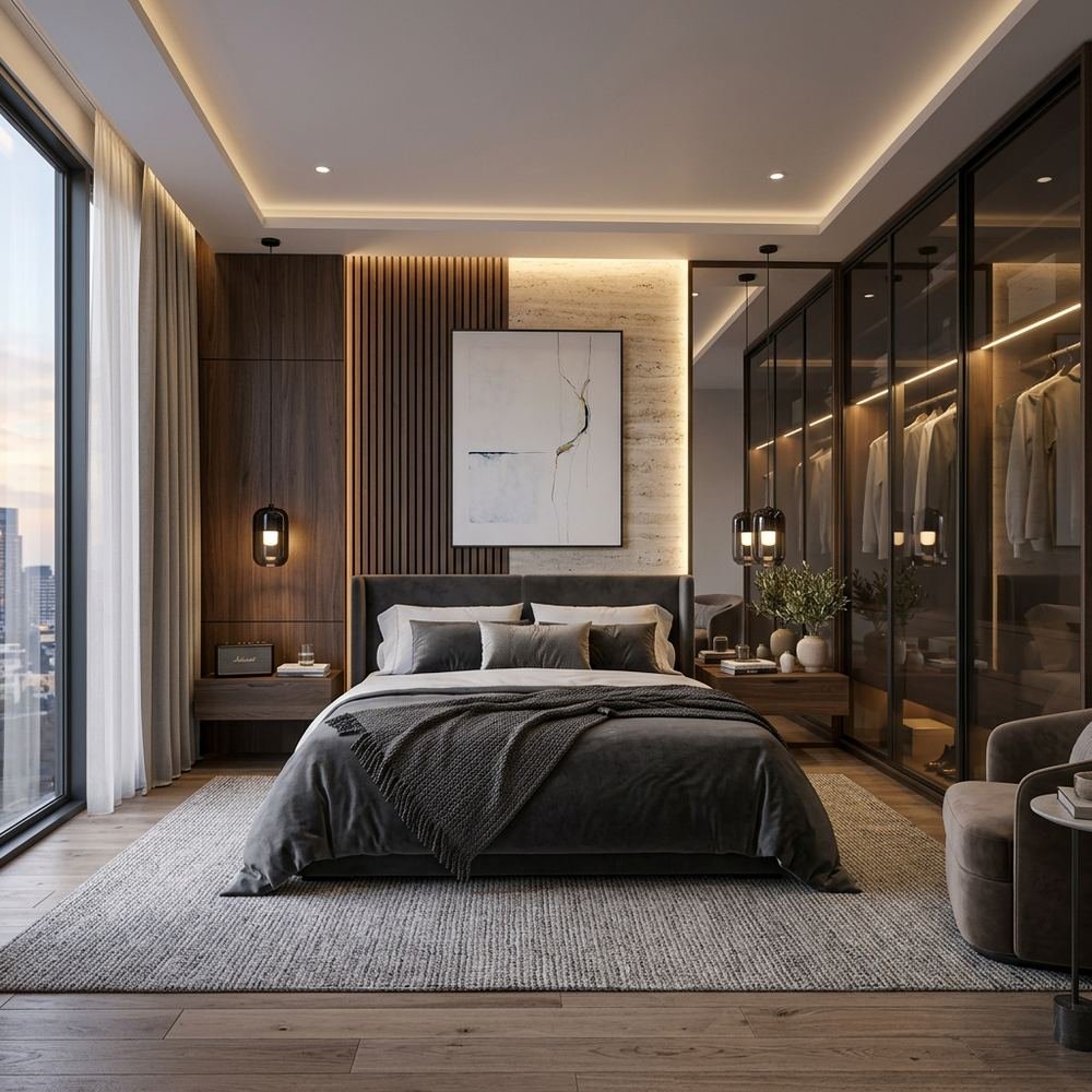 Modern king size master bedroom with sliding wardrobe by Grains Home Pakistan