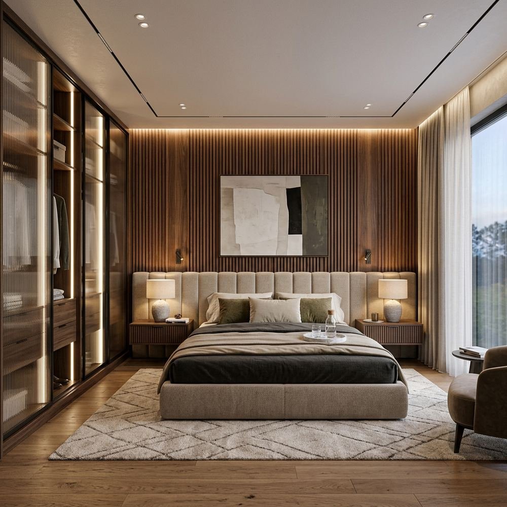 Modern king size master bedroom with sliding wardrobe by Grains Home Pakistan