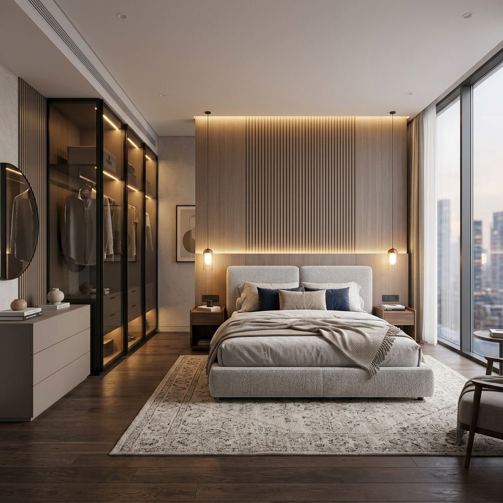 Modern upholstered bed master bedroom with sliding by Grains Home Pakistan
