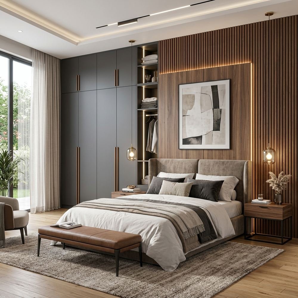 Modern queen size master bedroom with hinged wardrobe by Grains Home Pakistan