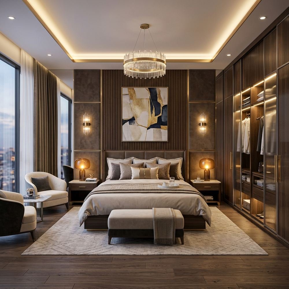 Luxury king size master bedroom with sliding wardrobe by Grains Home Pakistan