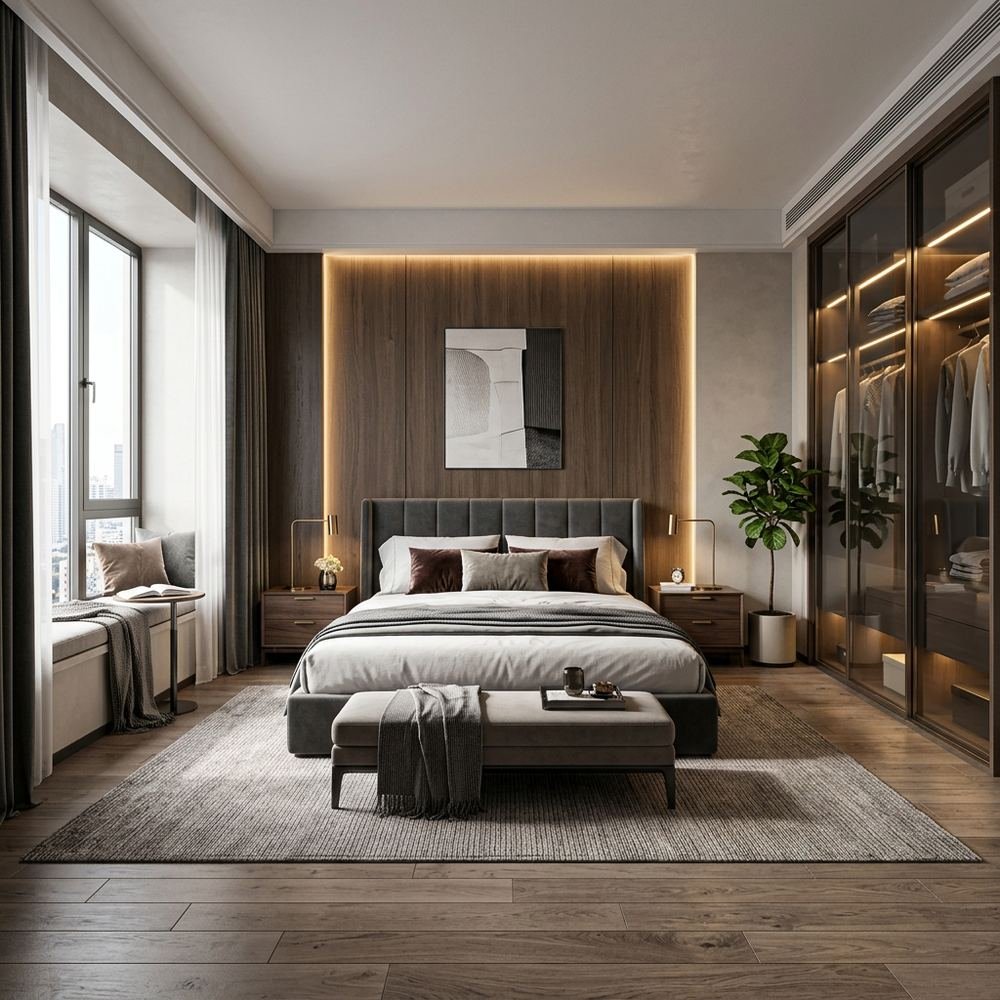 Modern king size master bedroom with sliding wardrobe by Grains Home Pakistan