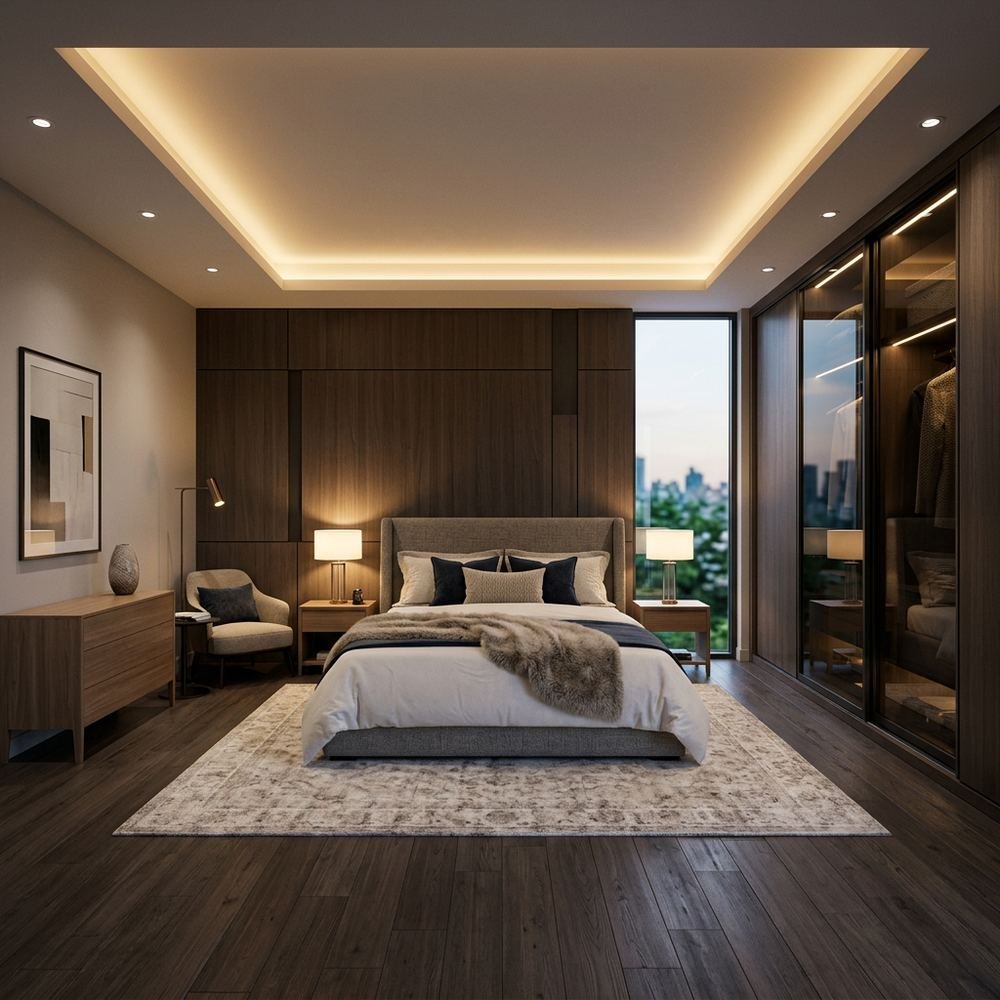 Modern king size master bedroom with sliding wardrobe by Grains Home Pakistan