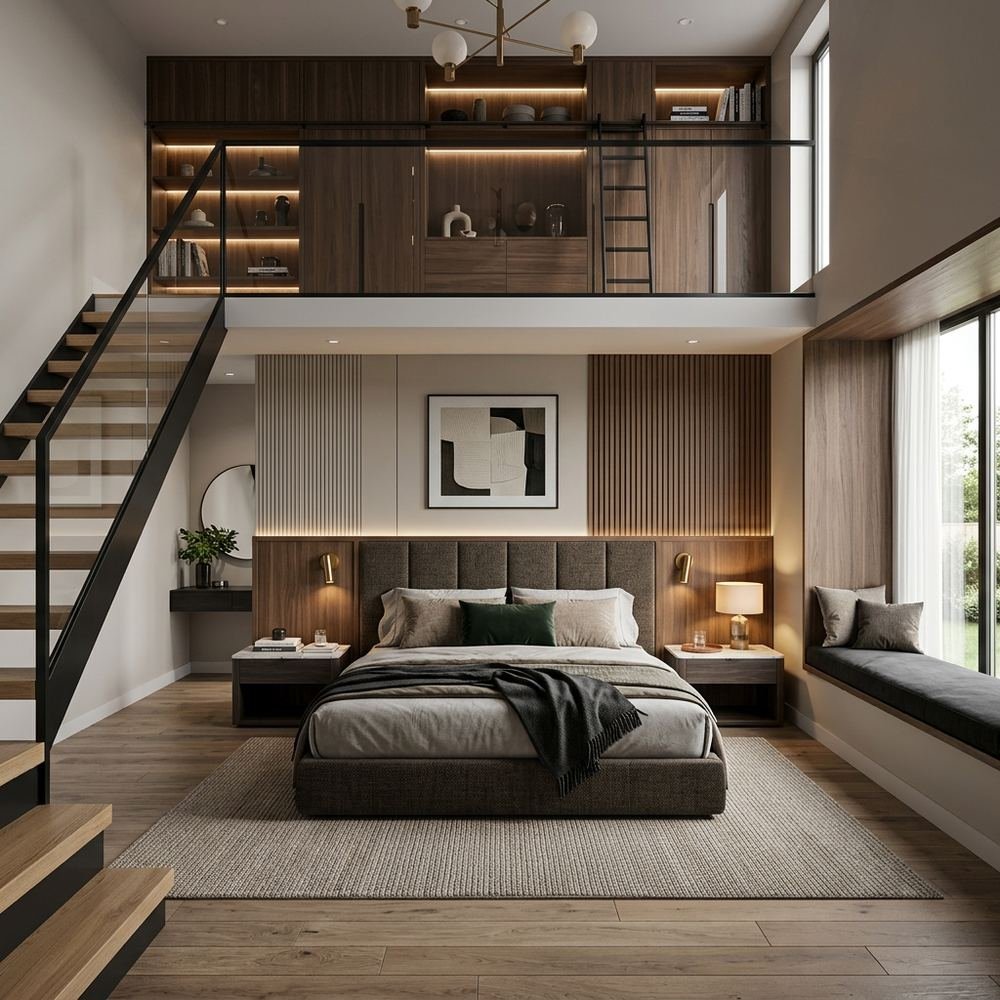 Modern king size master bedroom with loft storage modern by Grains Home Pakistan