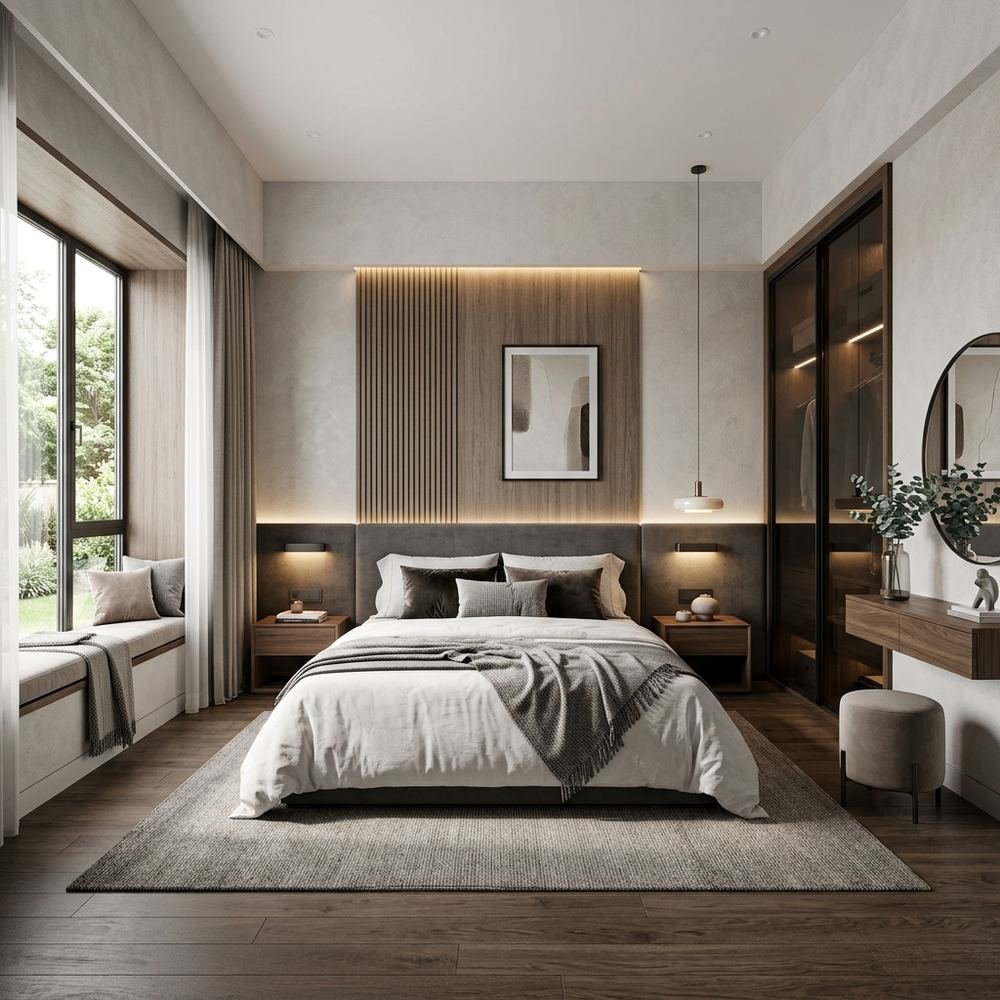 Modern king size master bedroom with sliding wardrobe by Grains Home Pakistan