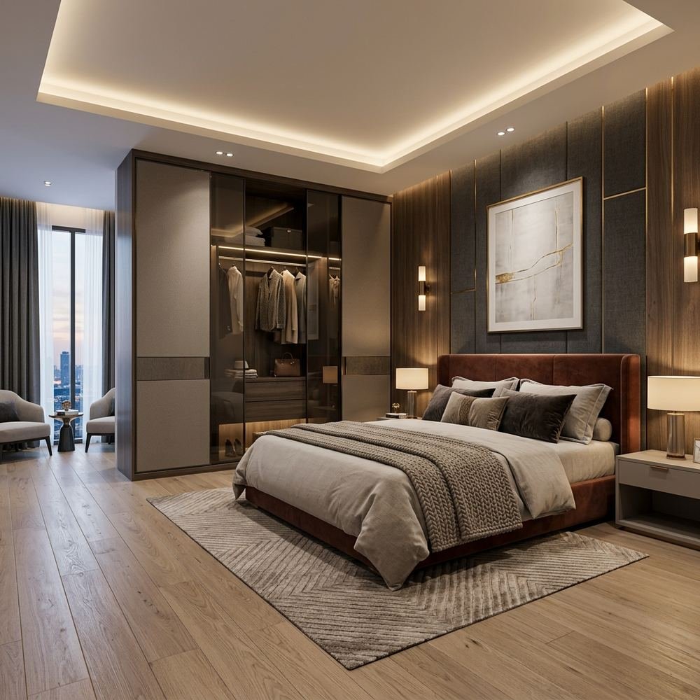 Modern king size master bedroom with sliding wardrobe by Grains Home Pakistan