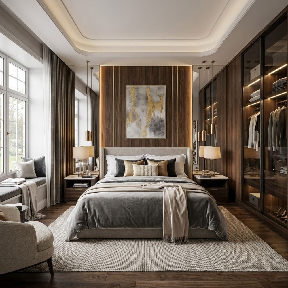 Luxury king size master bedroom with sliding wardrobe by Grains Home Pakistan