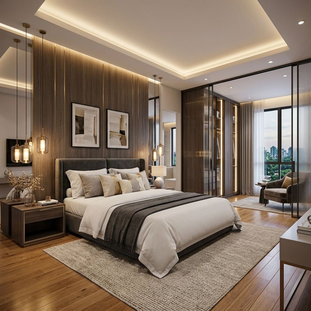 Modern king size master bedroom with sliding wardrobe by Grains Home Pakistan