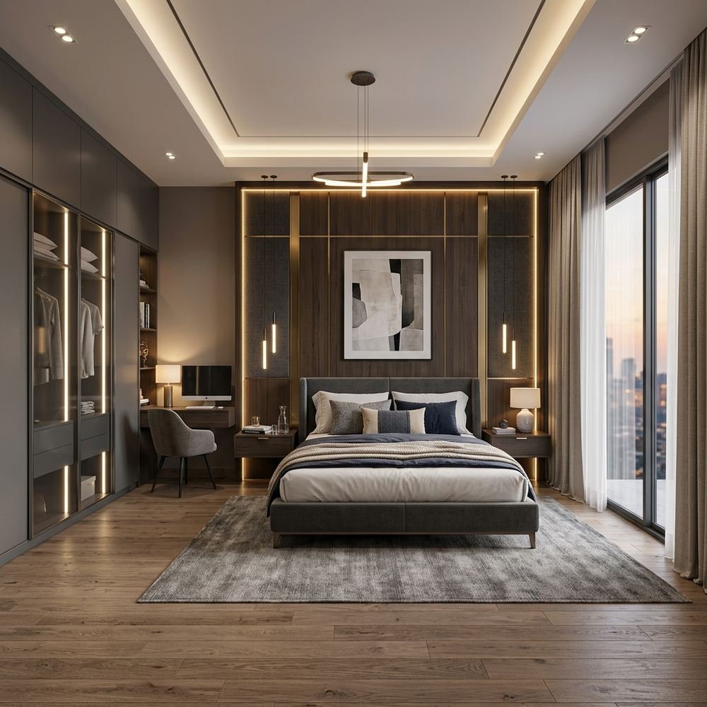 Modern king size master bedroom with sliding wardrobe by Grains Home Pakistan