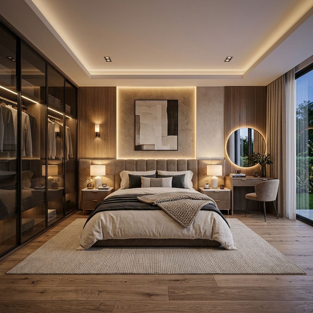 Modern king size master bedroom with sliding wardrobe by Grains Home Pakistan