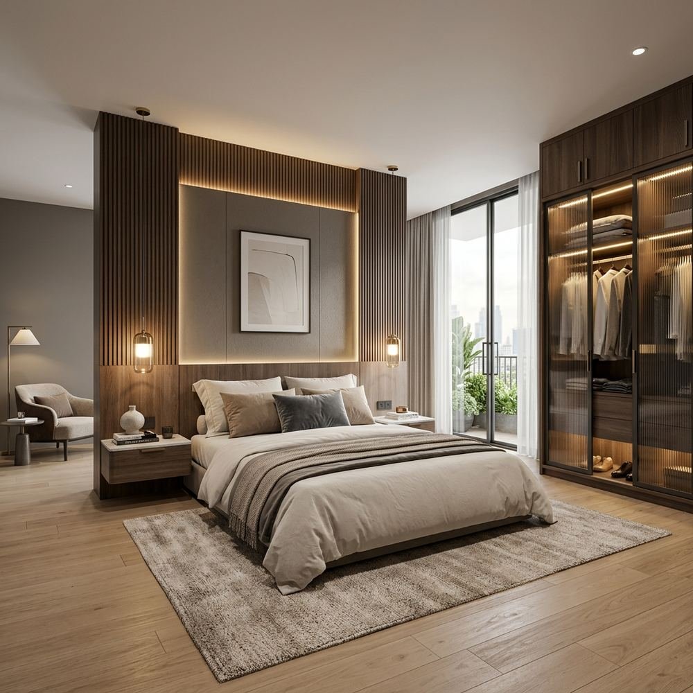 Modern king size master bedroom with sliding wardrobe by Grains Home Pakistan