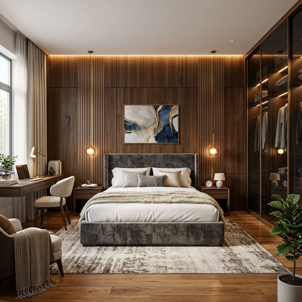 Modern upholstered bed master bedroom with sliding by Grains Home Pakistan