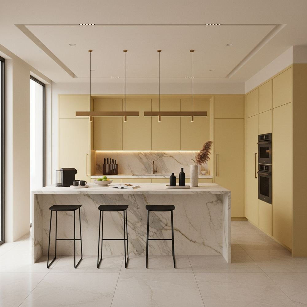 Yellow modern u shaped kitchen design with granite by Grains Pakistan