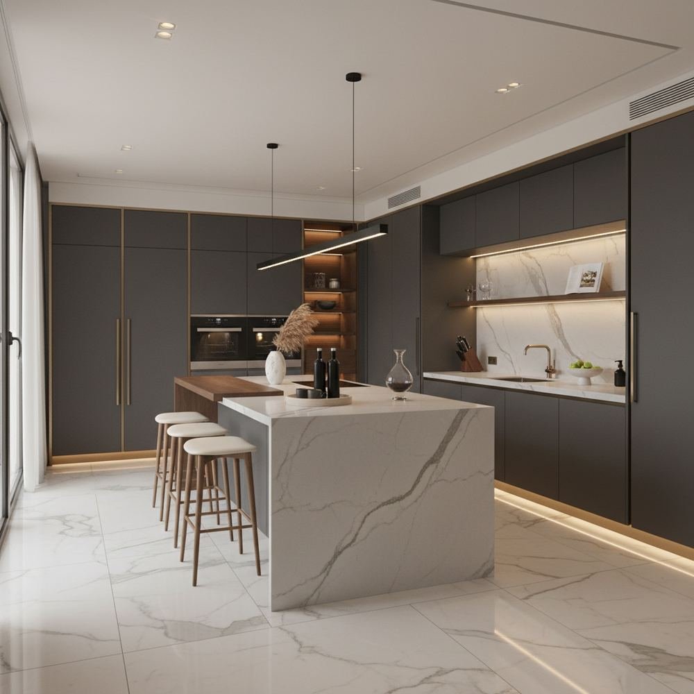 Quartz modern india kitchen design with premium finish by Grains Pakistan