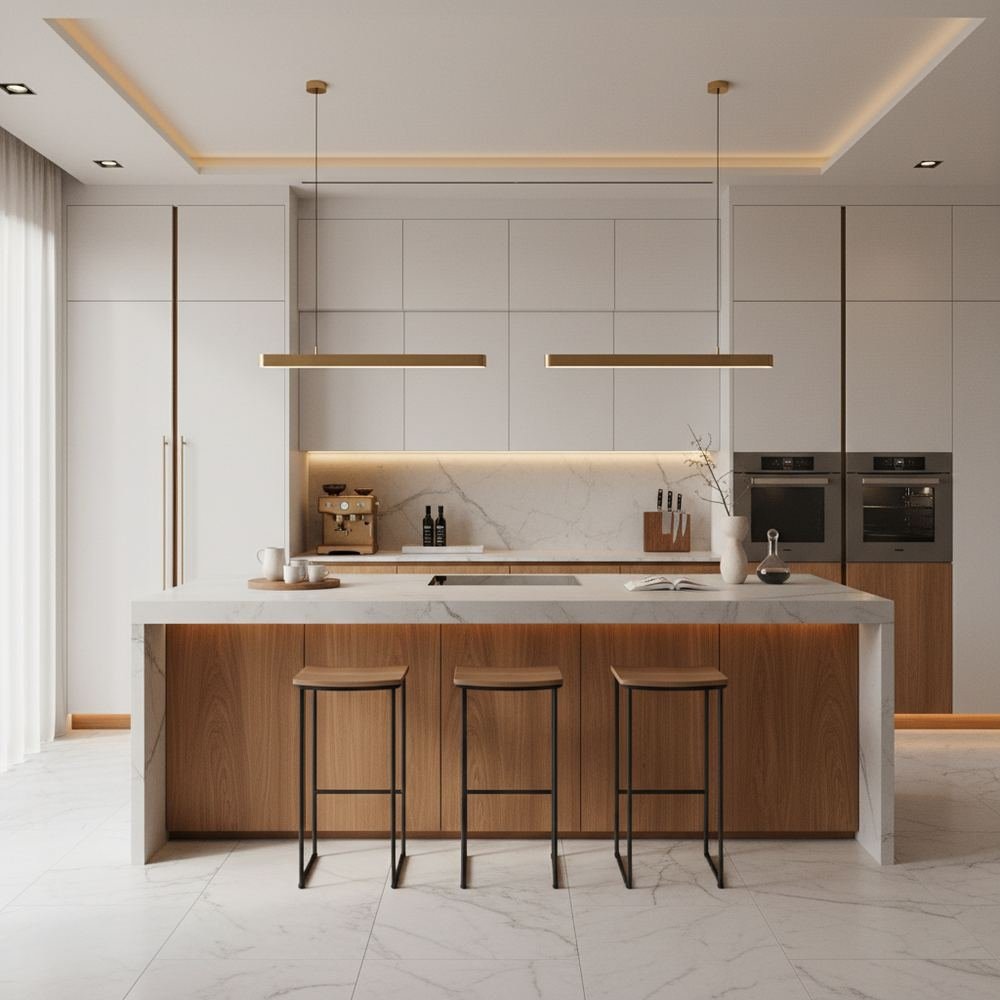 Acacia exodus and frosty white modern india kitchen by Grains Pakistan