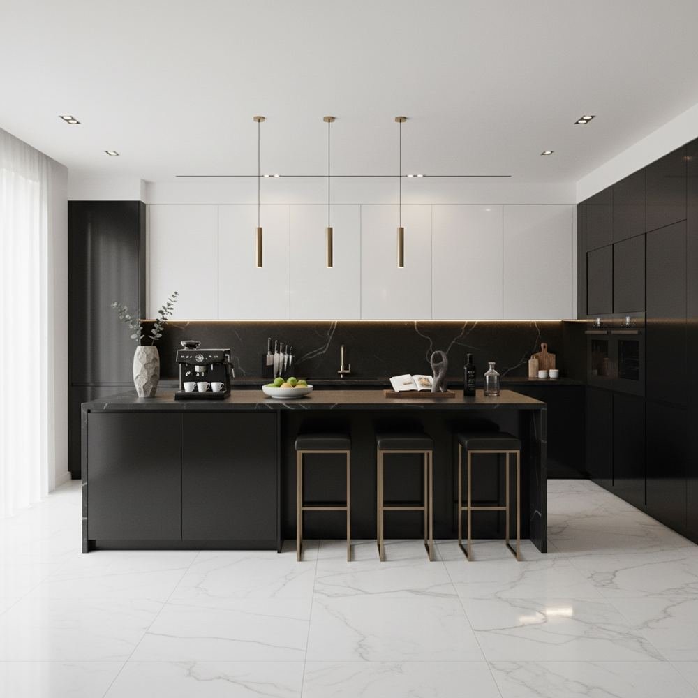 Black white contemporary island kitchen design with high by Grains Pakistan