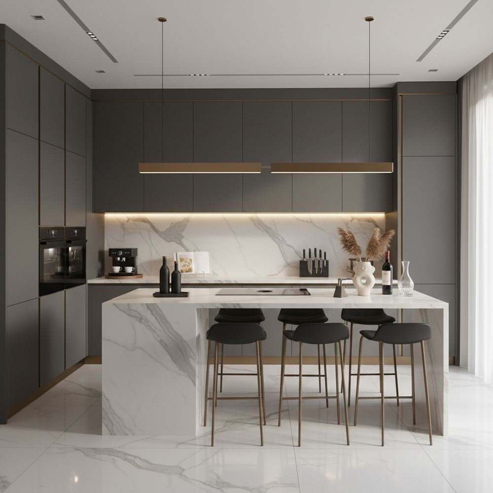 Granite modern l shaped kitchen design with premium by Grains Pakistan
