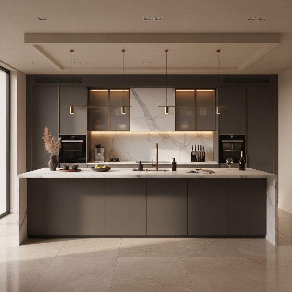 Cagliata modern island kitchen design with matte laminate by Grains Pakistan