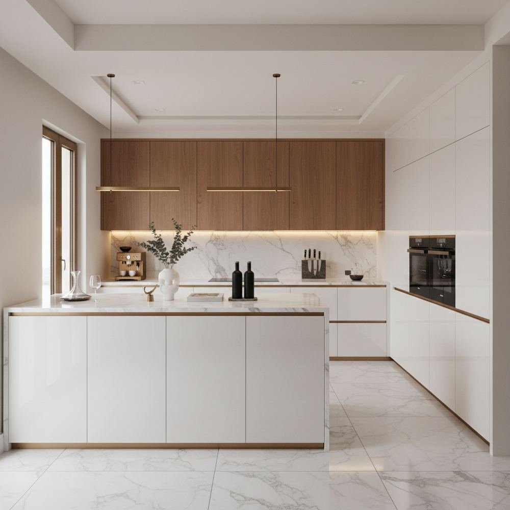 Frosty white modern u shaped kitchen design with high by Grains Pakistan