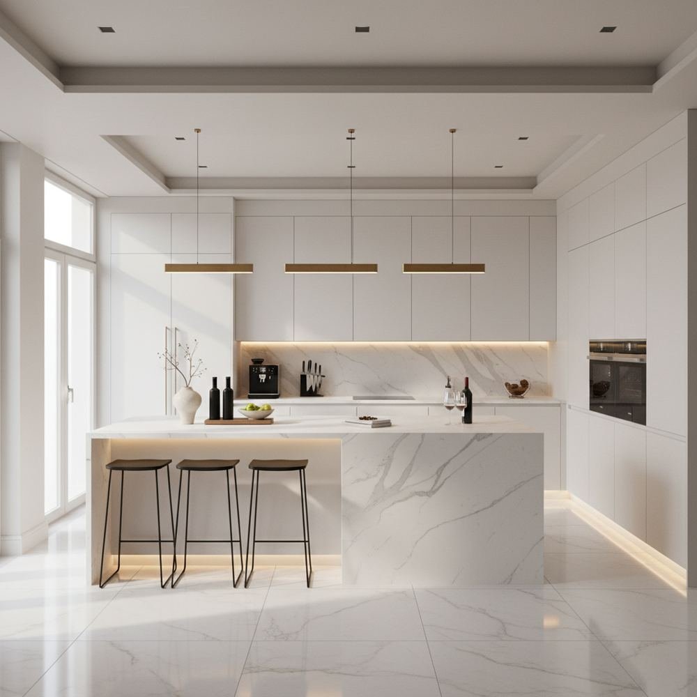 White modern u shaped kitchen design with solid surface by Grains Pakistan
