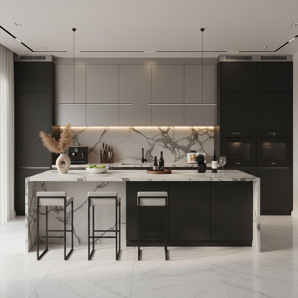 Black and silver modern open kitchen design with matte by Grains Pakistan