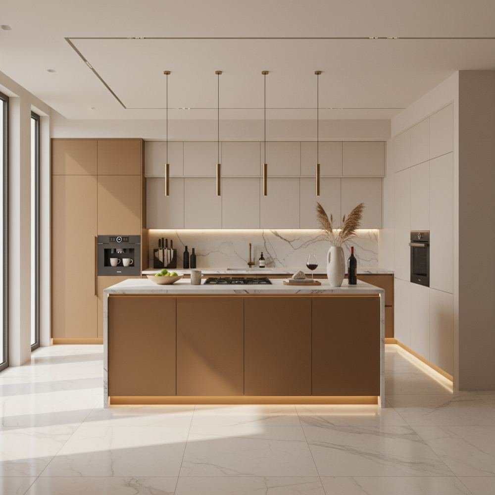 Acacia and pomelia modern open kitchen design with matte by Grains Pakistan