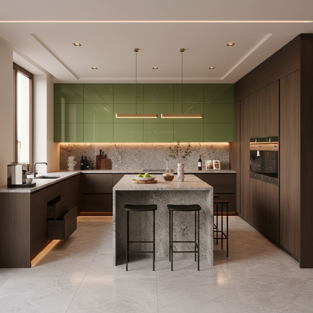 Parakeet and wood modern l shaped kitchen design with by Grains Pakistan