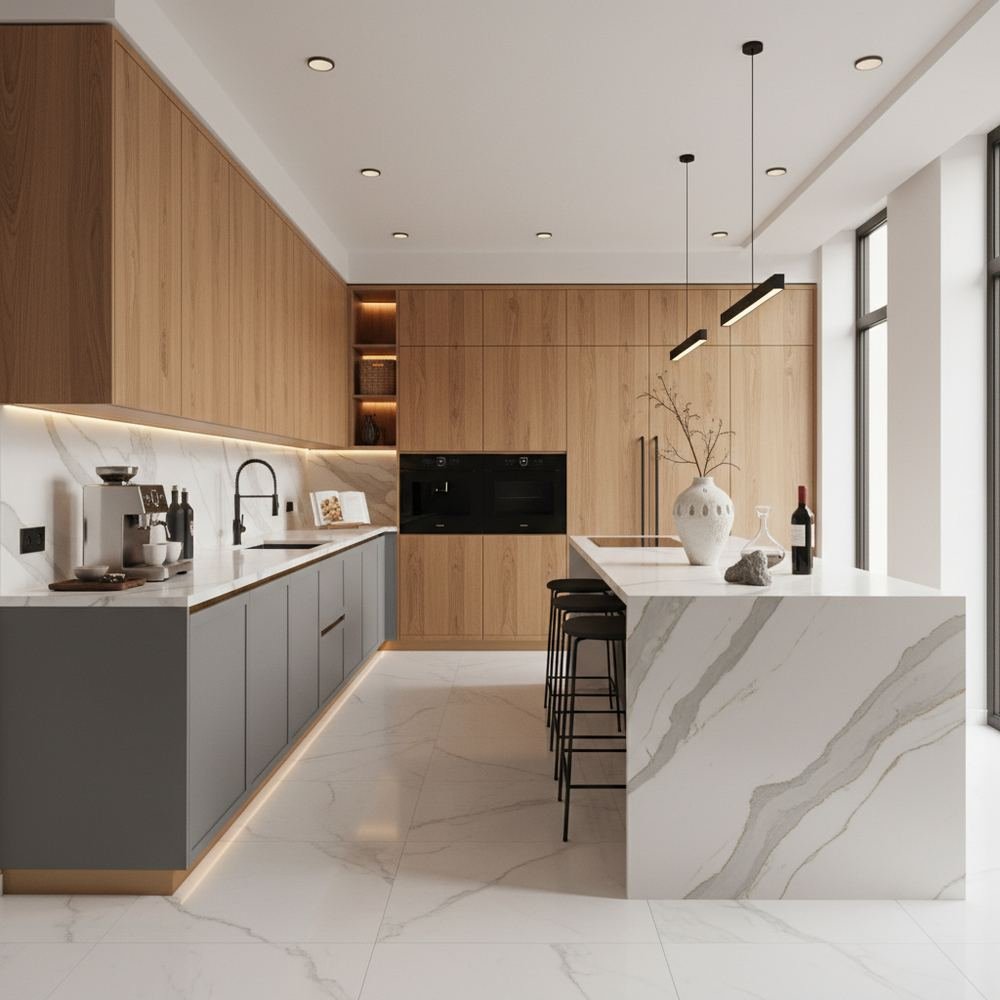 Slate acacia contemporary parallel kitchen design with by Grains Pakistan