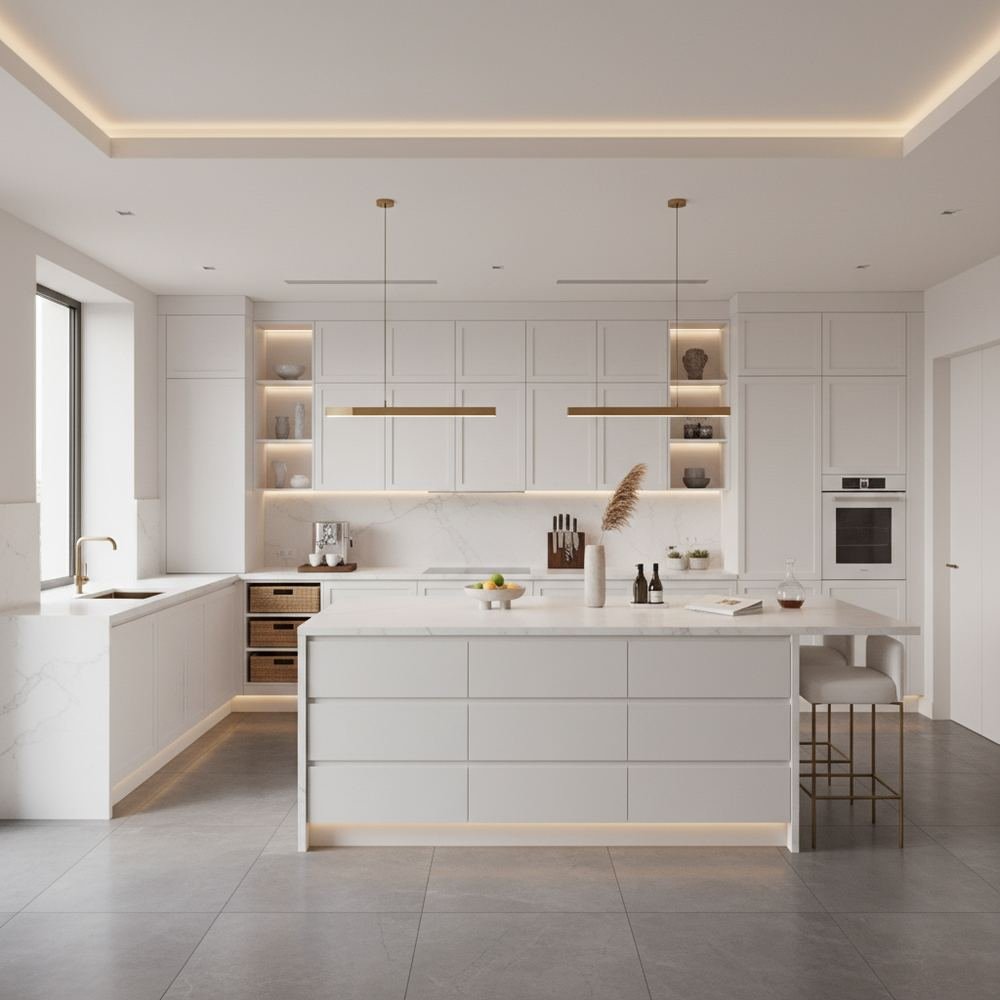 White modern u shaped kitchen design with corian by Grains Pakistan