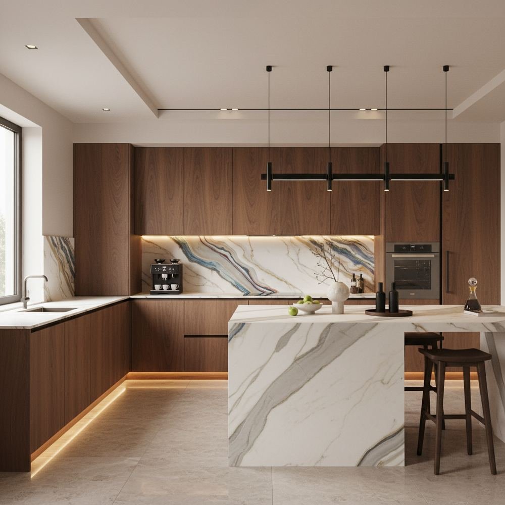 Walnut modern l shaped kitchen design with matte laminate by Grains Pakistan