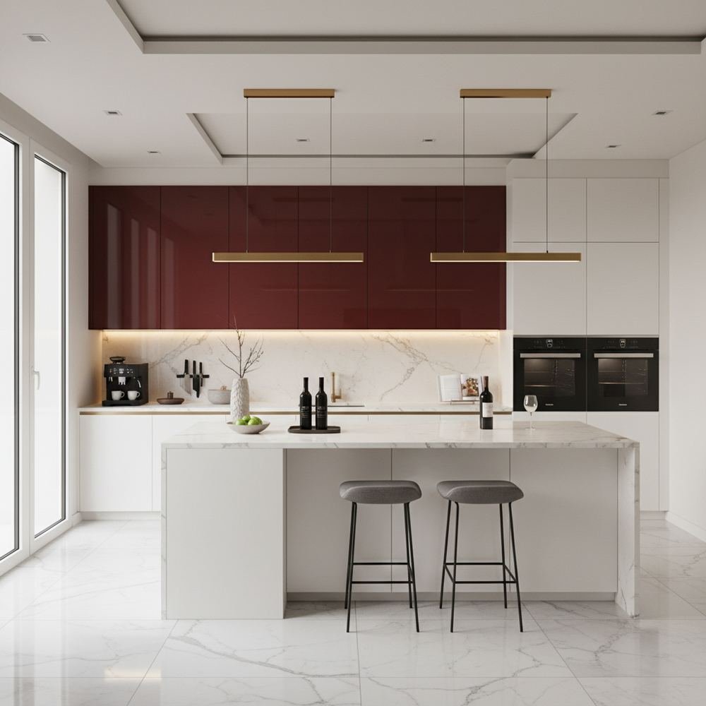 White and dark red modern l shaped kitchen design with by Grains Pakistan