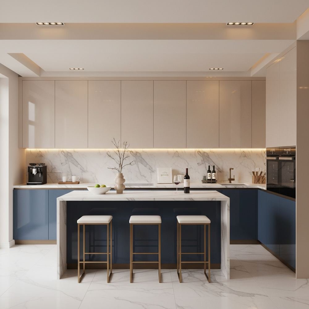 Shore blue and champagne modern straight kitchen design by Grains Pakistan