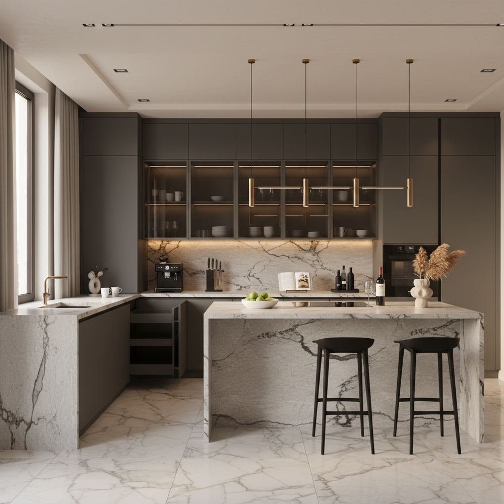 Granite modern l shaped kitchen design with handle less by Grains Pakistan