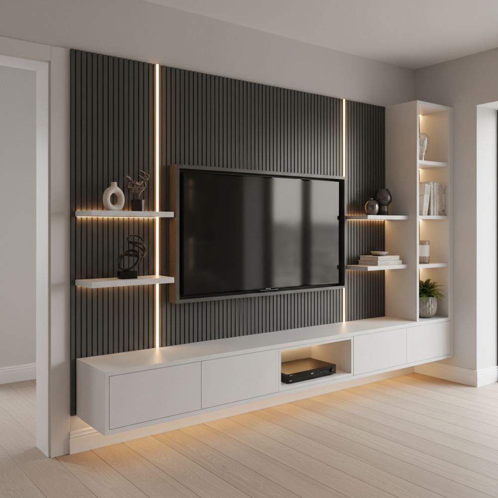 Contemporary white and grey wall mounted tv unit design by Grains Home Pakistan